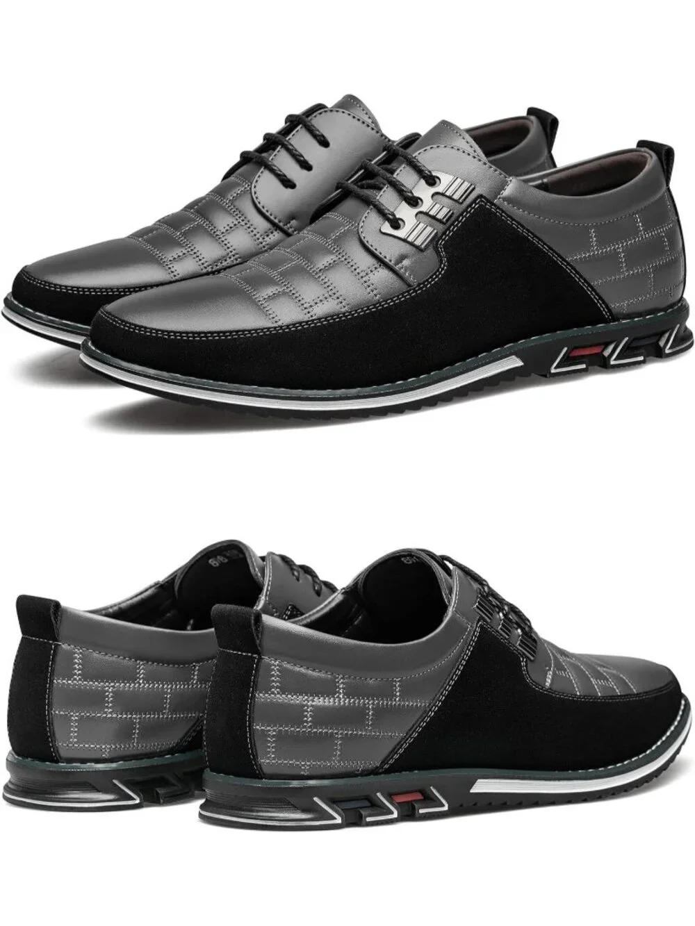 Men's Grey Plaid Embossed Grid Leather Comfortable Hybrid Oxford Dress Sneakers